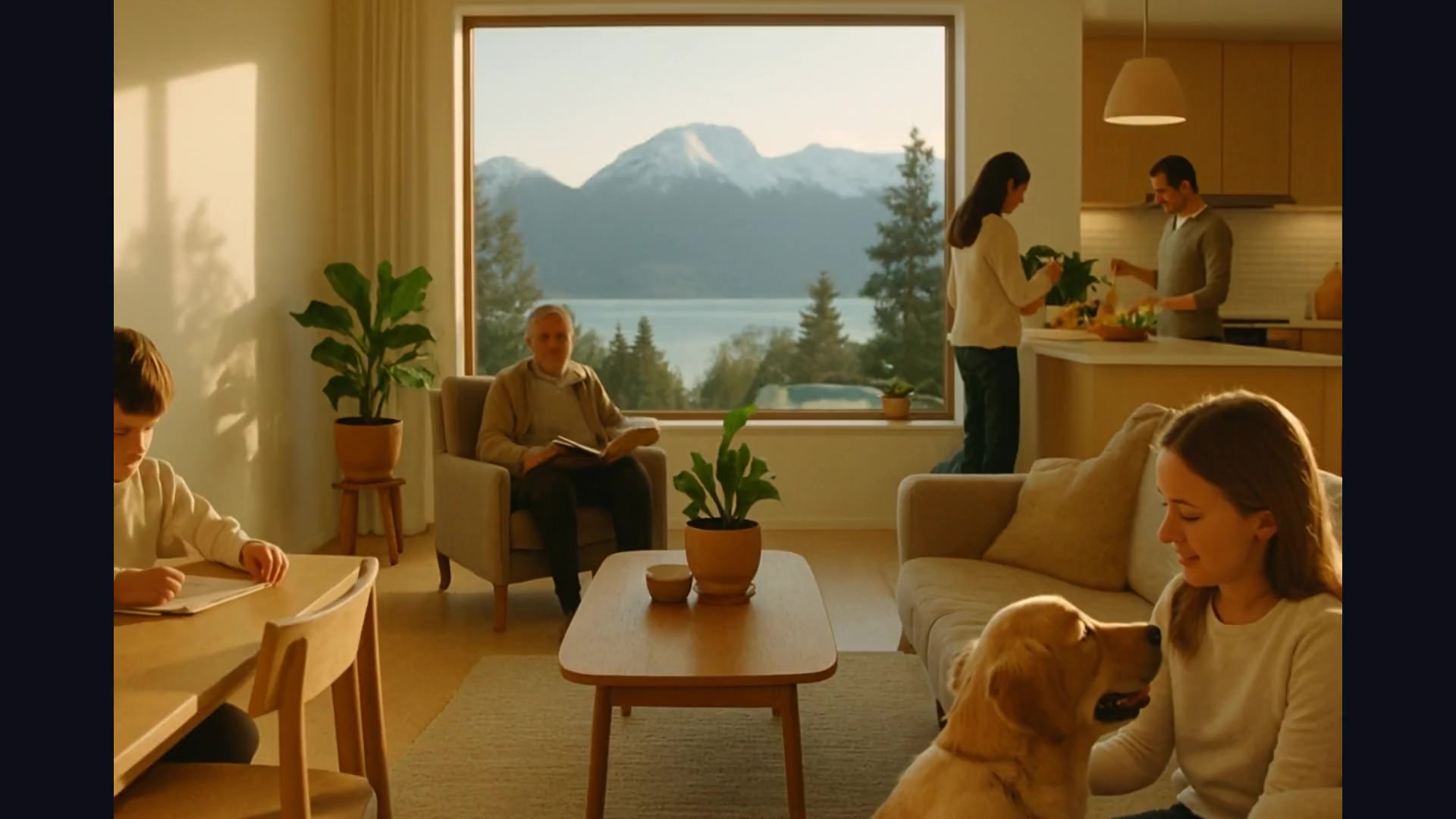 A happy family enjoying their clean home with a Pacific Northwest view