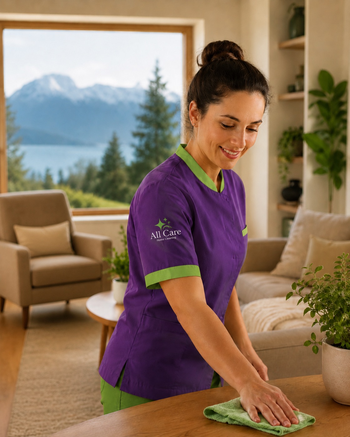 An All Care Home Cleaning team member in uniform wiping down a living room table in a Nanaimo home